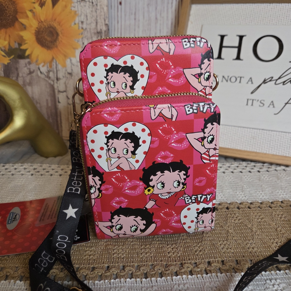 Betty Boop Red and Pink Triple Pocket Crossbody Bag